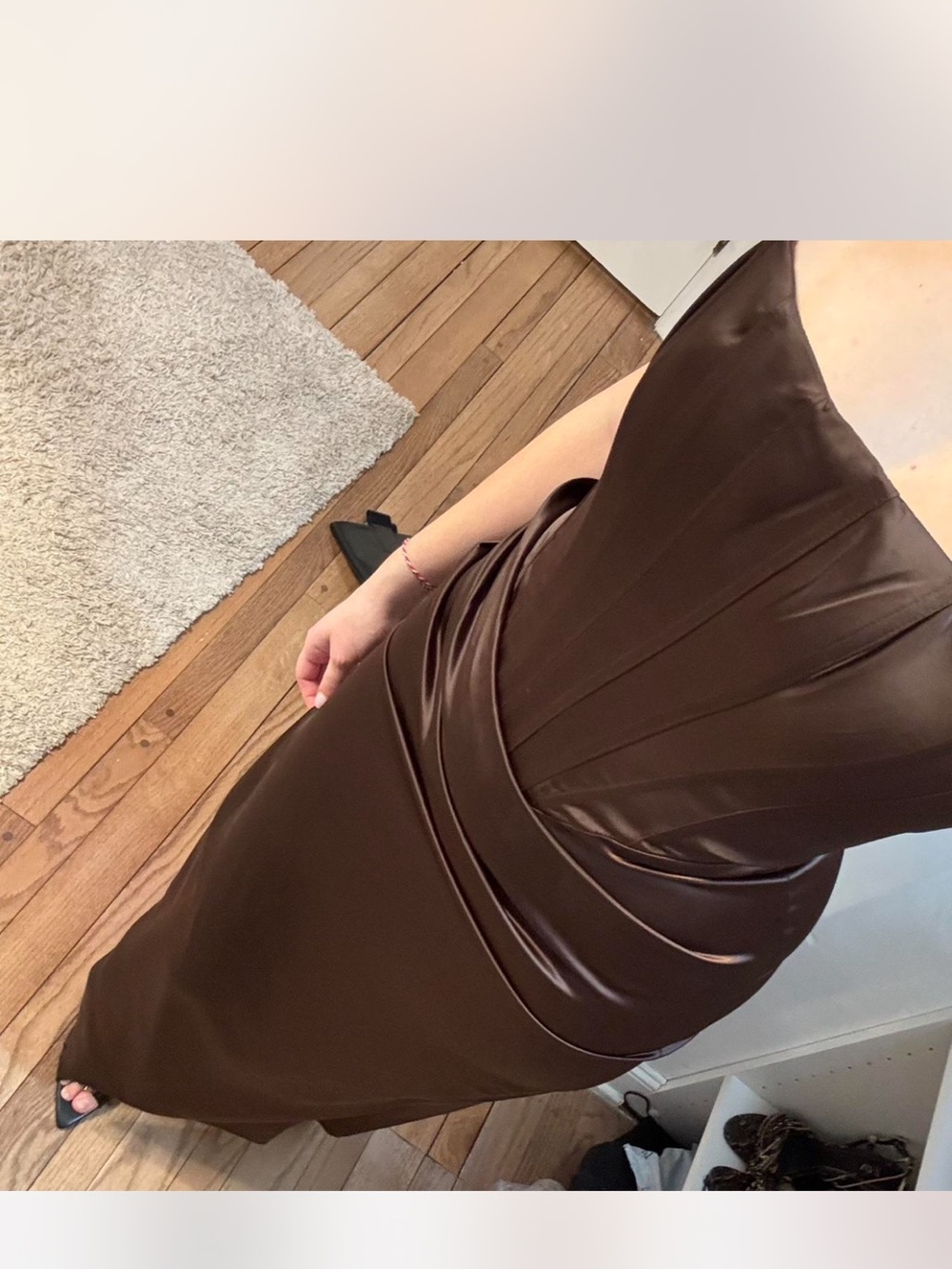 Bardot One-Shoulder Brown Satin Evening Gown - Picture 2 of 3